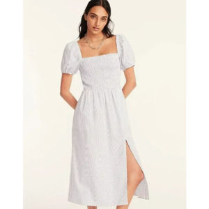 J Crew Short Sleeve Smocked Midi Dress in Stripe Blue White Organic Cotton XL